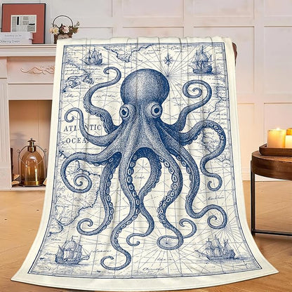 Nautical Octopus Blanket Super Soft Warm Fluffy Fleece Flannel Sea Animal Throw Blanket Cozy Fuzzy Plush Stuff Bedding Sealife Blankets Gifts for Women Kids Boys Girls Adults 80"X60"