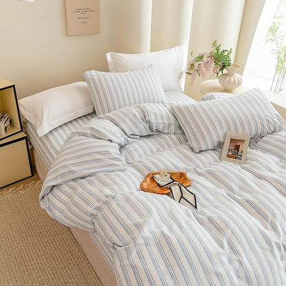 ECOCOTT Striped Duvet Cover King Size -100% Washed Cotton Linen Like Textured Breathable Durable Soft Comfy Bedding Set with Zipper Closure & Corner Ties