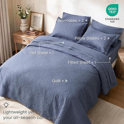 Love's cabin Queen Quilt Set Bluish Grey, Bed in a Bag Queen Bedding 7 Pcs, Ultrasonic Embossed Coin Pattern Comforter, Lightweight Bedspreads for All Seasons Quilt with Sheets, Pillowcases & Shams