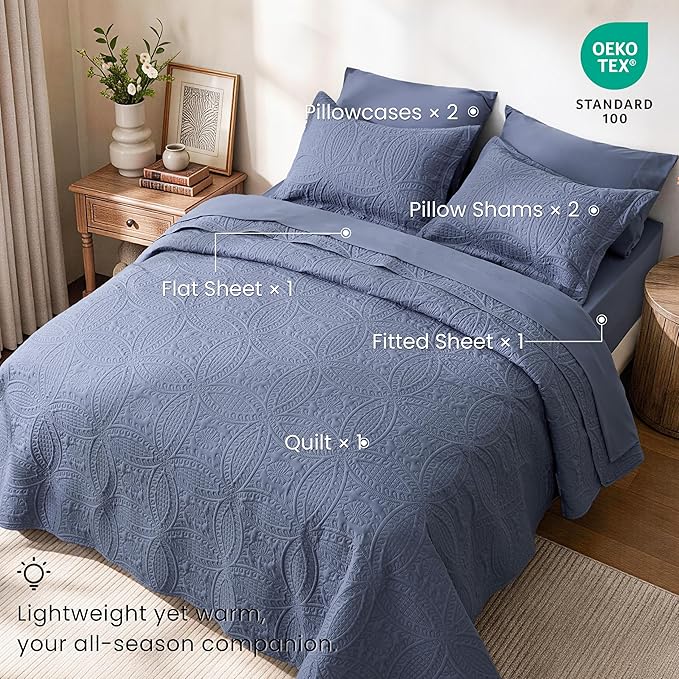 Love's cabin King Quilt Set Bluish Grey, Bed in a Bag King Size Bedding 7 Pcs, Ultrasonic Embossed Coin Pattern Comforter, Lightweight Bedspreads for All Seasons Quilt with Sheets, Pillowcases & Shams