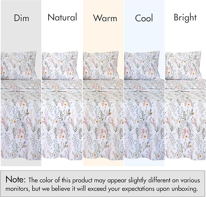 RUVANTI 100% Cotton Sheets – Queen Size Percale Bedding, Cooling & Breathable Floral Design, Durable with a Crisp, Soft & Comfortable Feel, 16" Deep Pocket, 4-Piece Set, Aroma