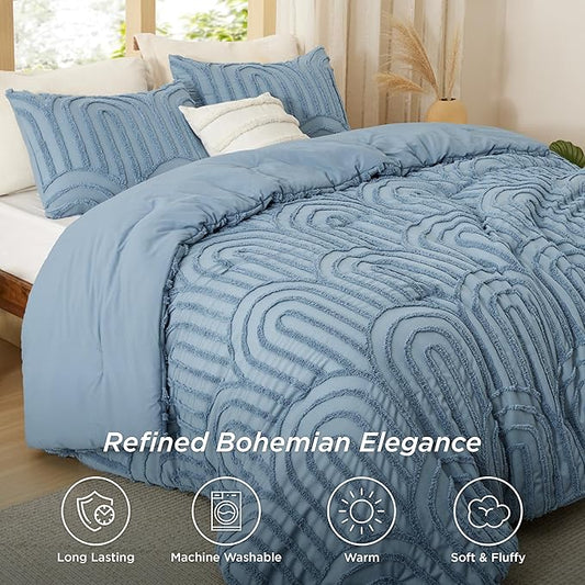 Bedsure Boho Tufted Blue Comforter Full Size, GentleSoft™ 3 Pieces Boho Farmhouse Decor Bedding, Arch Shabby Chic Bedding for All Seasons, 1 Bed Comforter, 2 Pillow Shams, 82x86 Inches