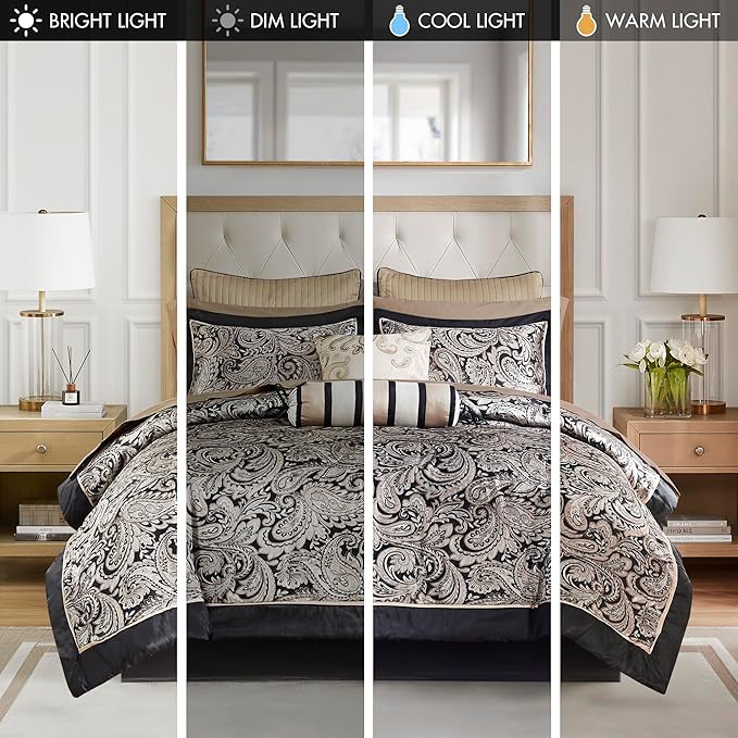 Madison Park Aubrey Cozy Comforter Set, Faux Silk Jacquard Paisley Design - All Season Down Alternative Bedding with Cotton Bed Sheets, Bed Skirt & Toss Pillows, California King Black 12 Piece