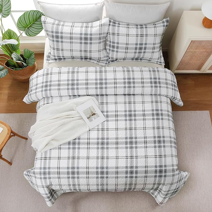 Plaid Quilt Set King Size - Ultra Soft Gingham Quilts Bedding Set with 2 Pillow Shams, Lightweight Reversible Striped Quilted Bedspread Coverlet 3 Pieces for Summer, 104"×90", Grey White