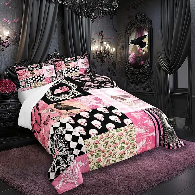 Halloween Crow Comforter Set Queen Size,Suger Skull Rose Flowers Spider Print Bedding Set,Patchwork Pink Black Grid Striped Quilt Set,Gothic Boho Duvet Insert Kids Girls Teens Halloween Decor