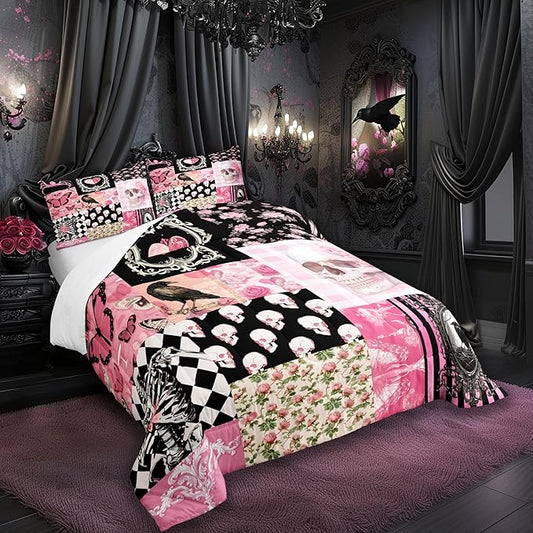 Halloween Crow Comforter Set Queen Size,Suger Skull Rose Flowers Spider Print Bedding Set,Patchwork Pink Black Grid Striped Quilt Set,Gothic Boho Duvet Insert Kids Girls Teens Halloween Decor