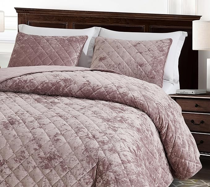 Chezmoi Collection Lux Dusty Pink Velvet Quilt Oversized King Set, 3-Piece Plush Distressed Velvet Bedding All Season Lightweight Comforter Brushed Microfiber Reverse with Diamond Stitch Quilting