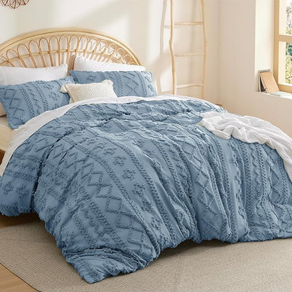 Bedsure Boho Duvet Cover King Size, Soft & Comfortable Elegant Design Boho Bedding for Decoration, Machine Washable Comforter Cover for All Seasons,Includes 1 Duvet Cover & 2 Pillow Shams,Dusty Blue