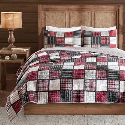 Woolrich Reversible Quilt Cabin Lifestyle Design - All Season, Breathable Coverlet Bedspread Bedding Set, Matching Shams, Oversized Full/Queen, Tulsa Plaid Red/Grey 3 Piece