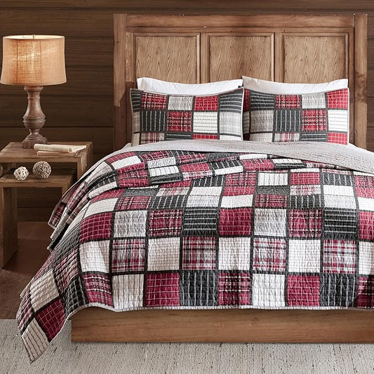 Woolrich Reversible Quilt Cabin Lifestyle Design - All Season, Breathable Coverlet Bedspread Bedding Set, Matching Shams, Oversized Full/Queen, Tulsa Plaid Red/Grey 3 Piece