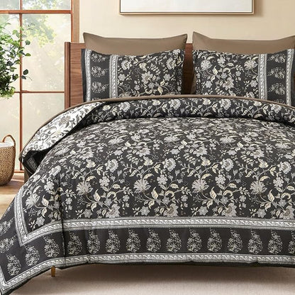 Dinjoy Boho Comforter Set Queen,Brown Gray Bedding Paisley Floral 7 Piece Bed in a Bag Reversible Lightweight Bohemain Comforters with Sheet Sets for All Season