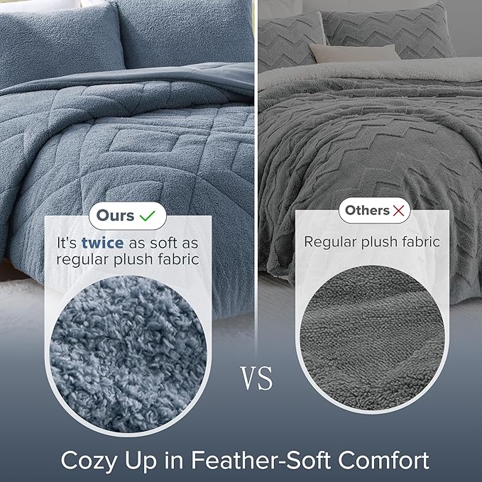 Comfort Spaces Queen Comforter Set Reversible Feather-Soft Plush Comforters for Queen Size Bed All Season Lightweight Shearling Fleece Sherpa Comforter Queen Size Bed Set, Full/Queen, Blue 3 Piece