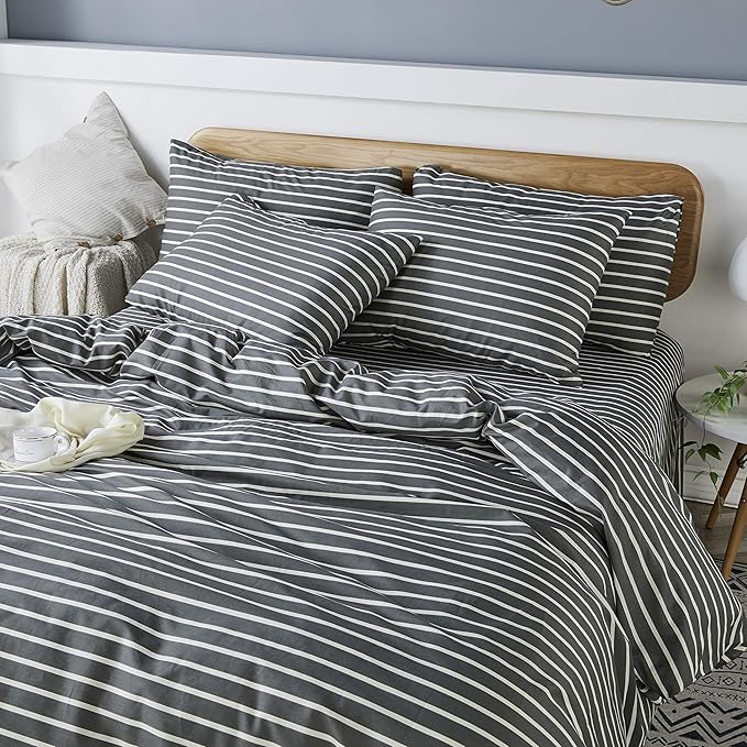JELLYMONI 100% Natural Cotton 3pcs Striped Duvet Cover Sets, Dark Grey Duvet Cover with White Stripes Pattern Printed Comforter Cover, with Zipper Closure & Corner Ties(Full Size)