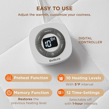 Bedsure Heated Mattress Pad Twin - Bed Warmer with Memory & Preheat Functions, 12-Hour Auto Off & 10 Heat Settings, Single Controller, Fast Heating, Brushed Electric Mattress Pad Twin, 39"x75"