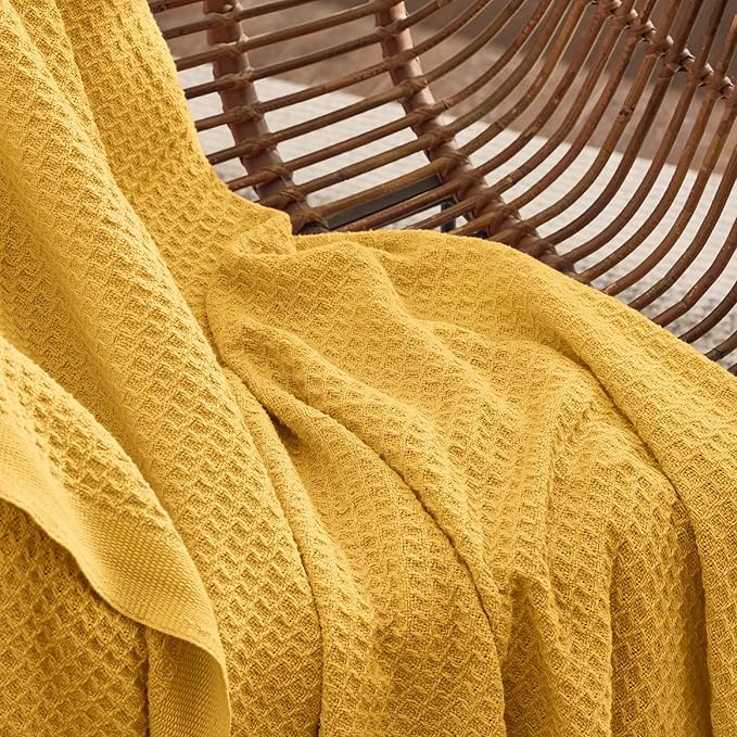 Bedsure Gentlesoft 100% Cotton Blanket King Size for Bed - Breathable and Soft for Spring Summer, Thick Cozy Waffle Weave Blanket Gifts for Women, Mustard Yellow, 104x90 inches