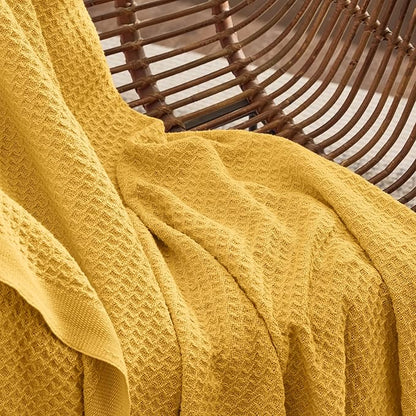 Bedsure Gentlesoft 100% Cotton Blanket Queen Size for Bed - Breathable and Soft for Spring Summer, Thick Cozy Waffle Weave Blanket Gifts for Women, Mustard Yellow, 90x90 Inches