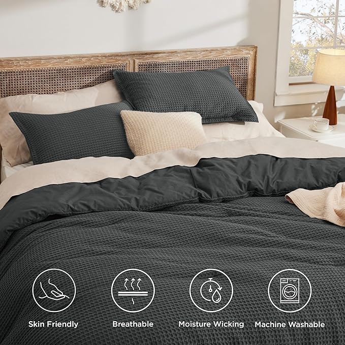 Bedsure Waffle Comforter Set Queen, Charcoal Soft Bedding, Waffle Weave Bed Set, 3 Pieces, 1 Comforter (90"x90") and 2 Pillow Shams, Cotton Shell and Polyester Lining for All Seasons