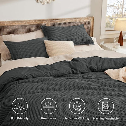 Bedsure Waffle Comforter Set Queen, Charcoal Soft Bedding, Waffle Weave Bed Set, 3 Pieces, 1 Comforter (90"x90") and 2 Pillow Shams, Cotton Shell and Polyester Lining for All Seasons