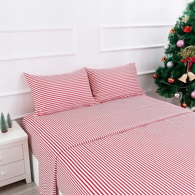 Best Season Ticking Stripe Sheet Set,4 Piece Full Size Microfiber Bedding,Burgundy Red and White Pinstripe Patterned,Deep Pocket