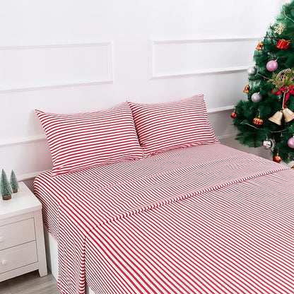 Best Season Ticking Stripe Sheet Set,4 Piece Full Size Microfiber Bedding,Burgundy Red and White Pinstripe Patterned,Deep Pocket