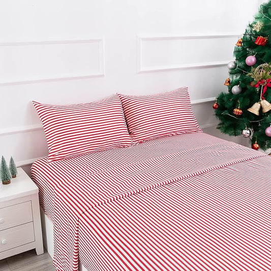 Best Season Ticking Stripe Sheet Set,4 Piece Full Size Microfiber Bedding,Burgundy Red and White Pinstripe Patterned,Deep Pocket