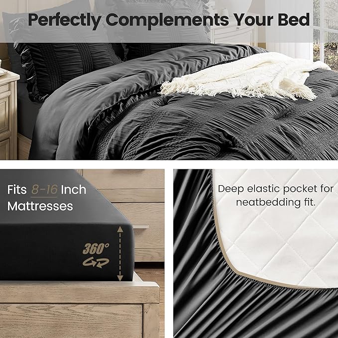 Queen Comforter Set Seersucker 7 Pieces Luxury Ruffle Bed in a Bag Queen Size for All Season Black Bedding Set with Comforter, Pillowcases, Flat Sheet, Fitted Sheet and Pillow Shams