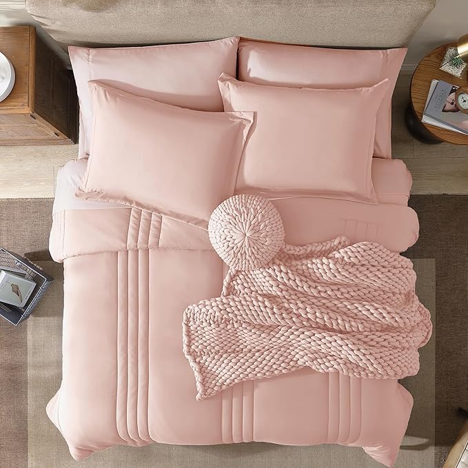 Monbix Queen Comforter Set - 7 Pieces Light Pink Bed in a Bag Queen Bedding Sets with Comforters, All Seasons Comforter Bed Set with Sheets, Pillowcases & Shams