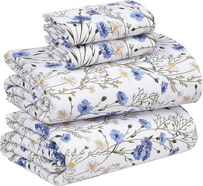 RUVANTI 100% Cotton Sheets – Queen Size Percale Bedding, Cooling & Breathable Floral Design, Durable with a Crisp, Soft & Comfortable Feel, 16" Deep Pocket, 4-Piece Set, Sweet Pea