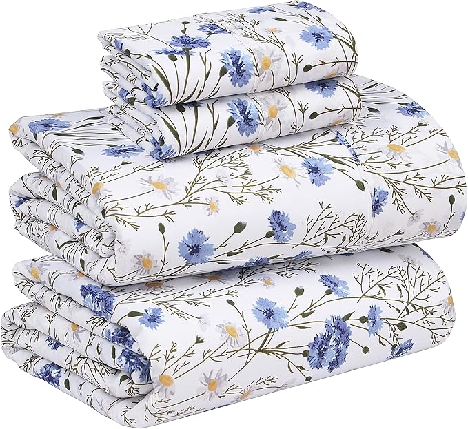 RUVANTI 100% Cotton Sheets – King Size Percale Bedding, Cooling & Breathable Floral Design, Durable with a Crisp, Soft & Comfortable Feel, 16" Deep Pocket, 4-Piece Set, Sweet Pea