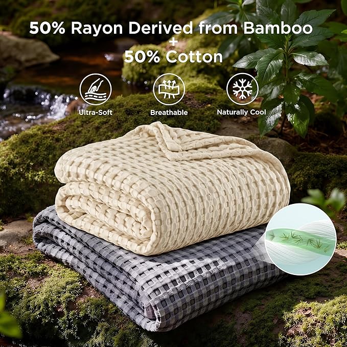 Bedsure Cooling Cotton Waffle Twin XL Blanket - Lightweight Breathable Blanket of Rayon Derived from Bamboo for Hot Sleepers, Natural, 66x90 Inches