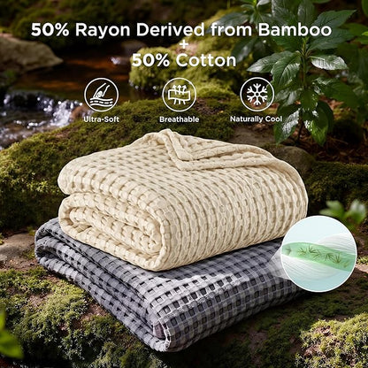 Bedsure Cooling Cotton Waffle Twin XL Blanket - Lightweight Breathable Blanket of Rayon Derived from Bamboo for Hot Sleepers, Natural, 66x90 Inches
