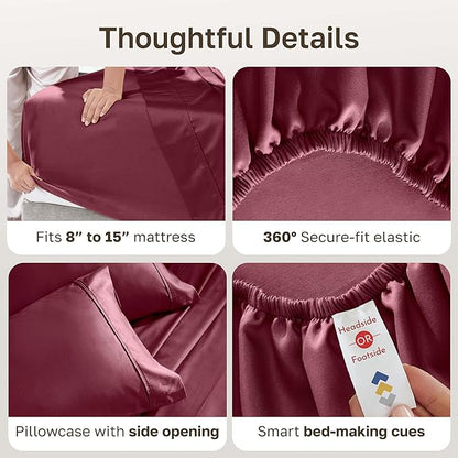 California Design Den Twin XL Sheet Sets - 400 Thread Count Sateen, 100% Cotton Sheets Set, Deep Pockets, and Durable Bedding for Dorm Rooms & Adults - Burgundy Red