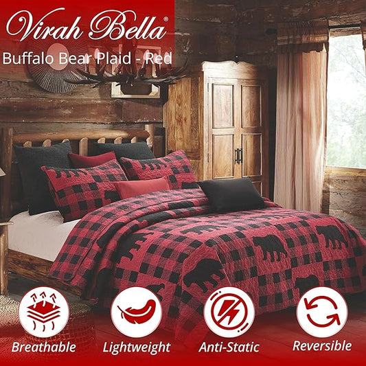 Virah Bella 2 Piece Twin Lodge Quilt Bedding Set - Buffalo Bear Plaid Red - Rustic Cabin Country Reversible Camping Comforter Set with Decorative Pillow Shams, Red/Black