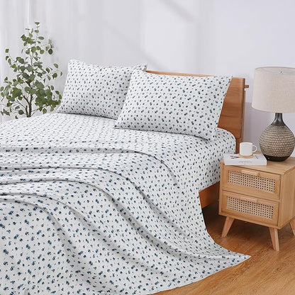 Modern Threads 4-Piece Ultra Soft Microfiber Bed Sheets Set, Wrinkle Free Sheets with Deep Pockets Fitted Sheet, Flat Sheet & Pillowcases, Lightweight Breathable Bedding, Blue Roses, Queen