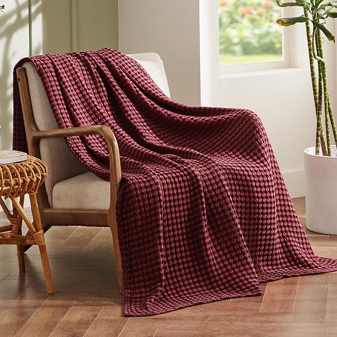 Bedsure Cooling Cotton Waffle Twin XL Blanket - Lightweight Breathable Blanket of Rayon Derived from Bamboo for Hot Sleepers, Luxury Throws for Bed, Couch and Sofa, Dark Red, 66x90 Inches