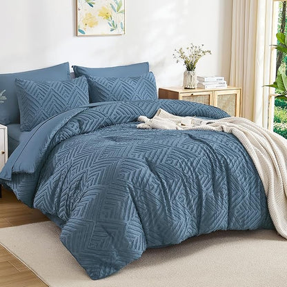 Andency Queen Comforter Set 7 Piece Ocean Blue - Bed in a Bag Queen Boho Lightweight Fluffy Tufted Bedding Sets with Comforter, Sheets, Pillowcases & Shams