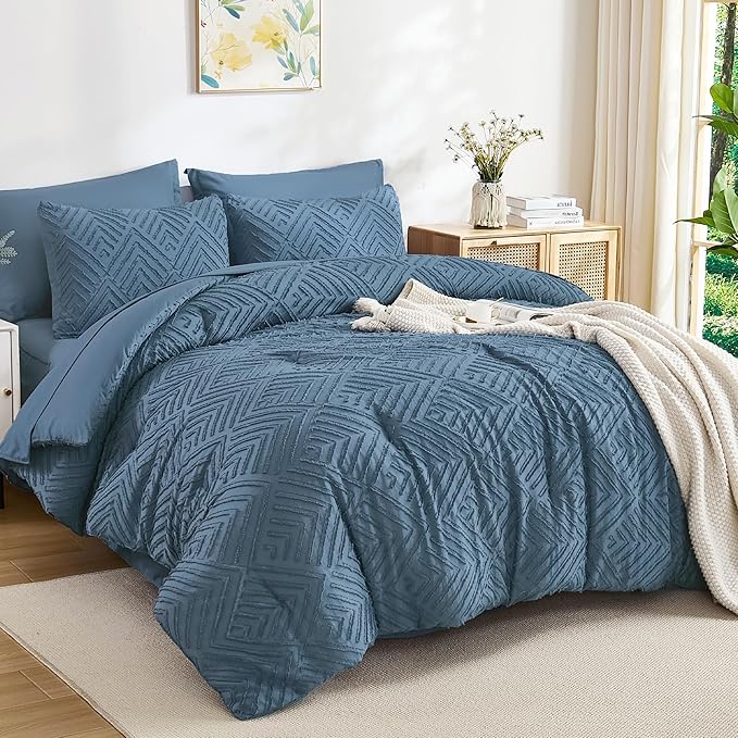 Andency California King Comforter Set Ocean Blue - 7 Pieces Bed in a Bag Cal King Bedding Comforter Sets, Tufted Lightweight Fluffy Bed Set with Comforter, Sheets, Pillowcases & Shams