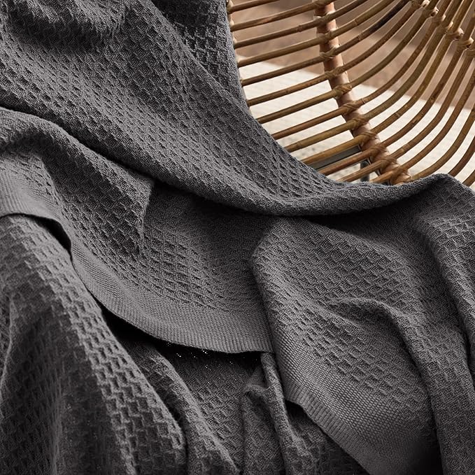 Bedsure Gentlesoft 100% Cotton Big Blanket Oversized King for Bed - Large Breathable Thick Cooling Waffle Weave Blanket for Summer, Couch Cover, Dark Grey, 120x94 inches