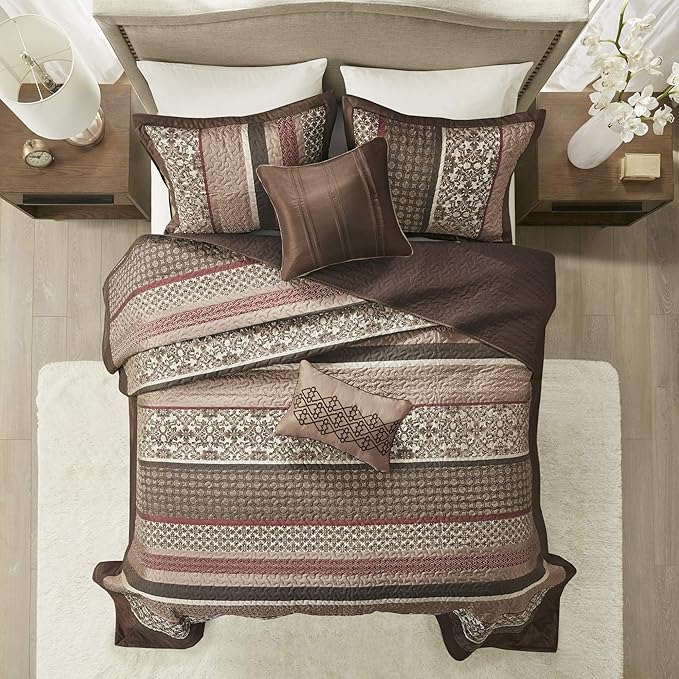 Madison Park Princeton Reversible Quilted Bedspread Set, Solid Reverse Summer Breathable, Lightweight All Season Bedding Layer, Matching Shams, Bedspread King(120"x118"), Red 5 Piece