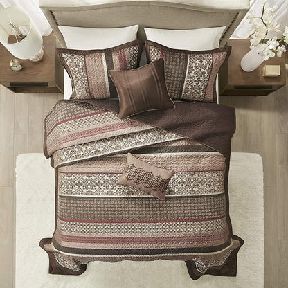 Madison Park Princeton Reversible Quilted Bedspread Set, Solid Reverse Summer Breathable, Lightweight All Season Bedding Layer, Matching Shams, Bedspread King(120"x118"), Red 5 Piece
