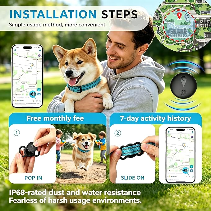 GPS Pet Tracker for Dogs & Cats | Apple Find My Compatible | No Monthly Fee | IP68 Waterproof | Real-Time Location Tracking