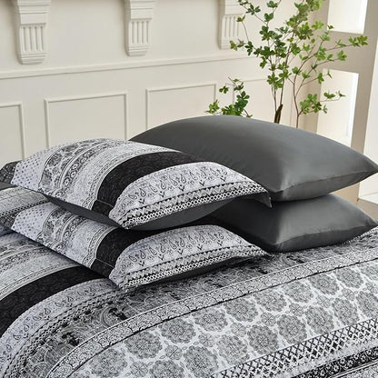 Cottolester Boho King Size Comforter Set 8 Pieces,Gray Bohemian Striped Bed in a Bag,Floral Soft Microfiber Bedding Comforter Set