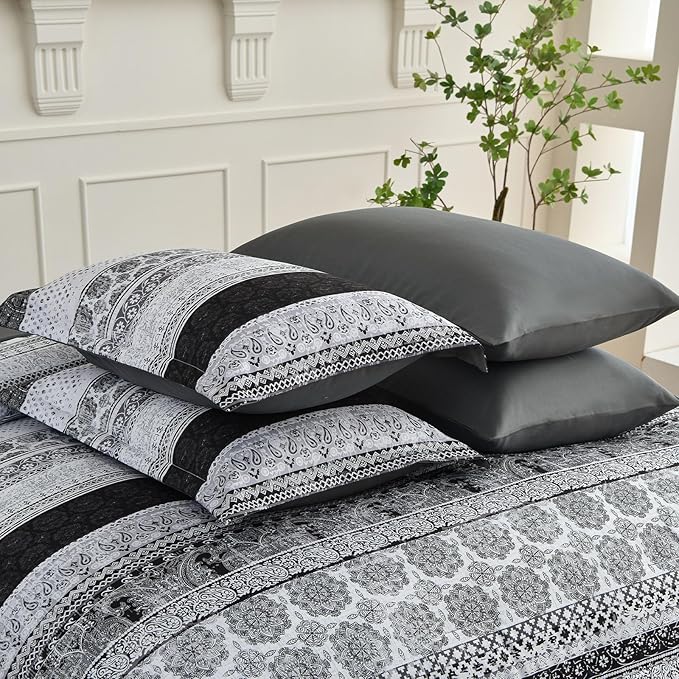 Cottolester Boho Queen Size Comforter Set 8 Pieces,Gray Bohemian Striped Bed in a Bag,Floral Soft Microfiber Bedding Comforter Set