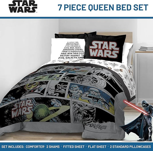 Jay Franco Star Wars Comic Book Queen Size Comforter Set - 7 Piece Bedding Includes Sheet Set & Pillow Covers - Super Soft Cozy Kids Bedding