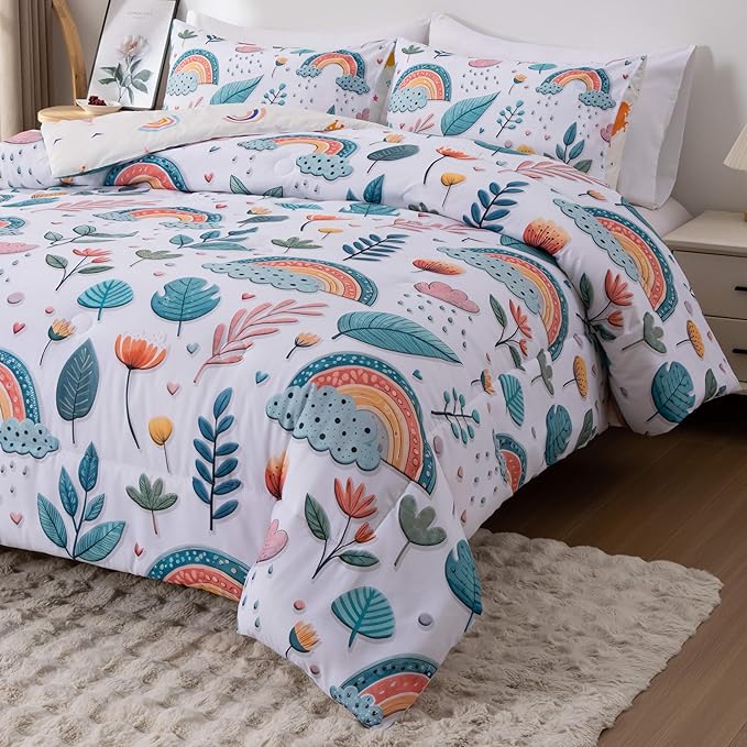 Btargot Lightweight Soft 3 Piece Rainbow Comforter Set with 2 Pillow Covers, Cartoon Leaves Flowers Bedding Set for Girls Boys Kids, Twin Green