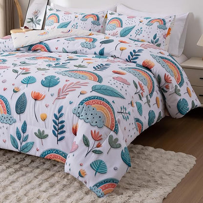Btargot Lightweight Soft 3 Piece Rainbow Comforter Set with 2 Pillow Covers, Cartoon Leaves Flowers Bedding Set for Girls Boys Kids, Twin Green