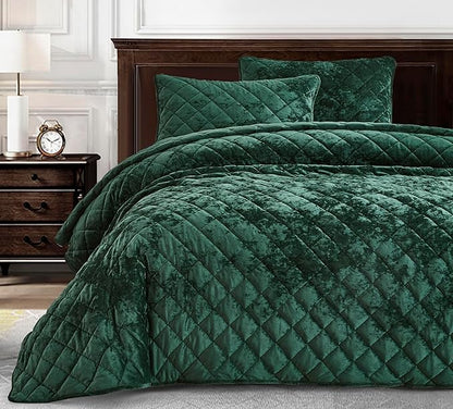 Chezmoi Collection Lux Forest Green Velvet Quilt King Set, 3-Piece Plush Distressed Velvet Bedding All Season Lightweight Comforter Brushed Microfiber Reverse with Diamond Stitch Quilting