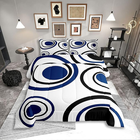 Erosebridal White Blue Black Striped King Bedding Set Modern Circle Abstract Comforter Set for Adult Women Men Contemporary Graffiti Lines Bed Collections Minimalists Aesthetic Boho Duvet Quilt Sets