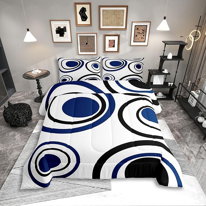 Erosebridal White Blue Black Striped Twin Bedding Sets for Adult Women Men Modern Circle Abstract Comforter Set Contemporary Graffiti Lines Quilt Duvet Set Minimalists Aesthetic Boho Bed Collections