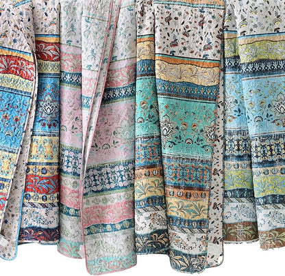 HORIMOTE HOME Boho Style Queen Quilt Set Pink Bohemian Floral Strip Quilt Beddding Set, Soft and Lightweight Bedspread for All Season, Full Size Bed Coverlet with 2 Matching Pillow Shams (3 Pieces)